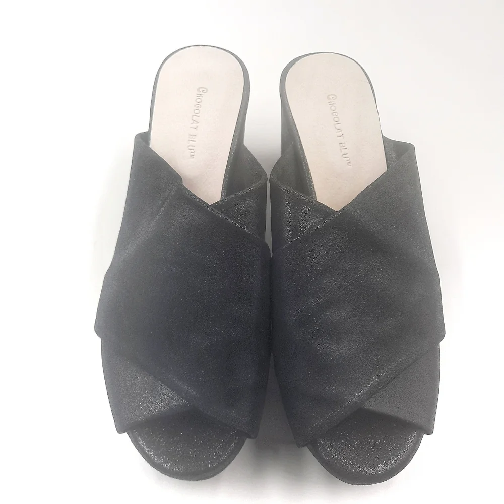 CHOCOLAT BLU CrissCross Platform Sandal Slide Black Shimmer NWOT Unworn 10 - Picture 12 of 14